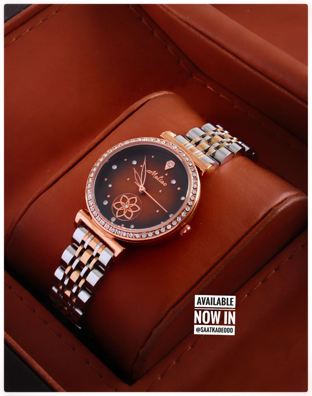 ساعت مچی زنانه Maliao NEW COLLECCTION   برای خانمها   موتور ژاپن قاب فول‌نگین بند استیل  شیشه کریستال سافایر قفل استیل فشاری پروانه‌ای