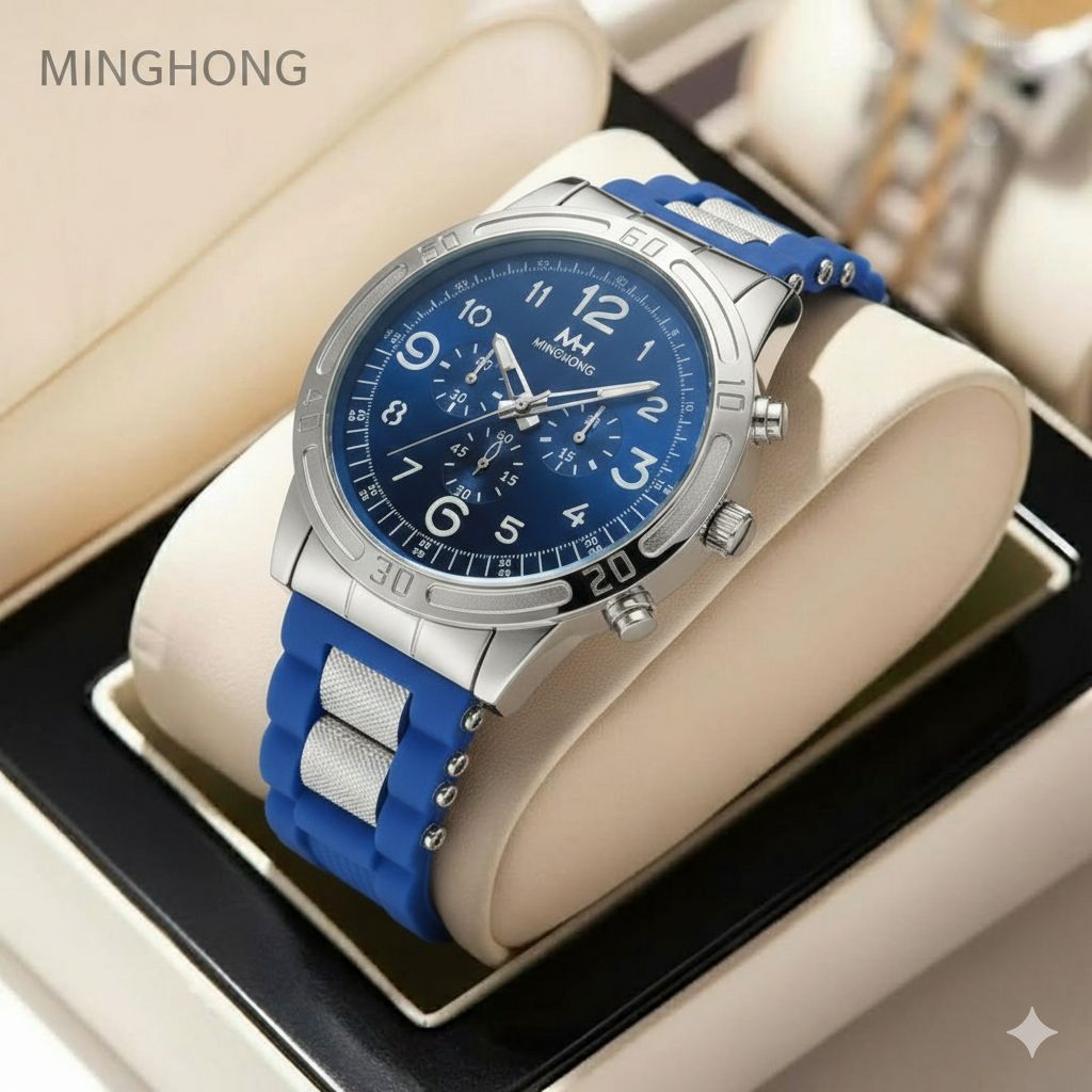 ساعت مچی مردانه کد 2317 مردانه ژله ای برند MINGHONG  قفل سگگی  باکیفیت  طراحی خاص و زیبا بند ژله ای صفحه آبی  موتور کوارتز طرح سه موتوره
