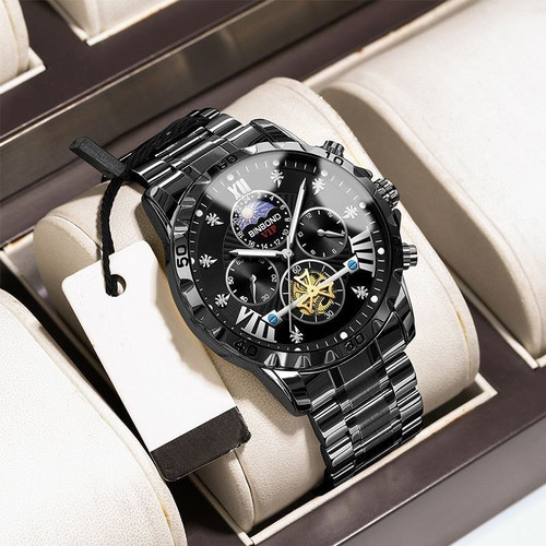ساعت مچی مردانه برند ☑️BIN BOND VIP Original watch 《highe quality》 بین باند الماسی نو نمایش روز ماه صفحه کهکشانی شب نما برند شرکتی دارای روز شمار کرنوگراف بندفولادی ضد زنگ مقاوم دربرابر آب رنگ ثابت قفل کلیپسی موتور کوارتز شرکتی خاص وجذاب