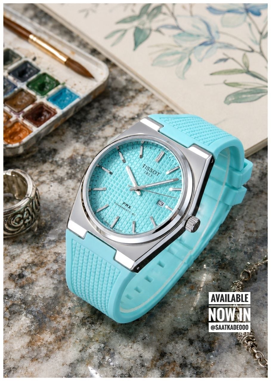 ساعت مچی مردانه پیشنهاد ویژه   Tissot Prx  ❌رنگ جدید آبی تیفانی  سایز اسپرت مناسب برای خانمها و آقایان  موتور شرکتی با‌کیفیت دارای روزشمار شیشه تلسکوپی ضدخش بند Pu