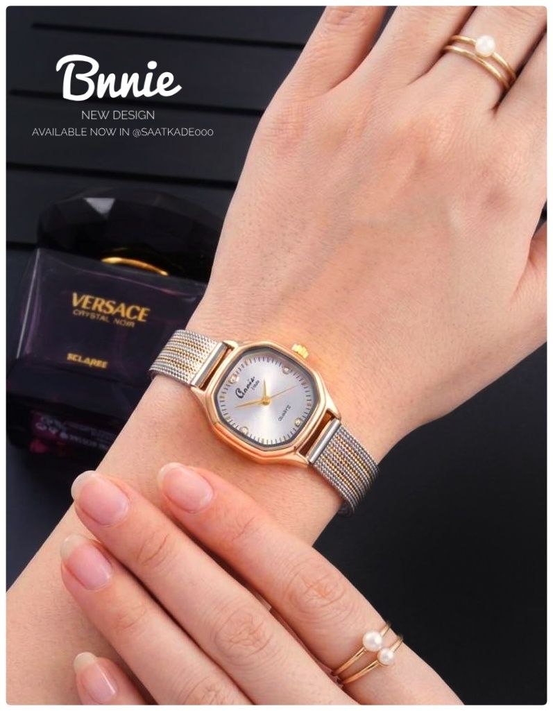 ساعت مچی زنانه Bnnie Time New Collection  ❌ برای خانمها  موتور شرکتی درجه یک بند استیل حصیری دورنگ شیشه کریستال قفل استیل گیره‌ای
