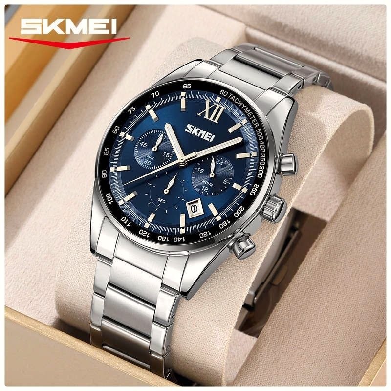 ساعت مچی مردانه skmei  Skmei 9096 New Design   موتور ژاپن ۳موتور کرنوگراف نمایش ایام ماه ضدآب 3Atm بند استیل شیشه کریستال ضدخش قفل استیل پروانه‌ای