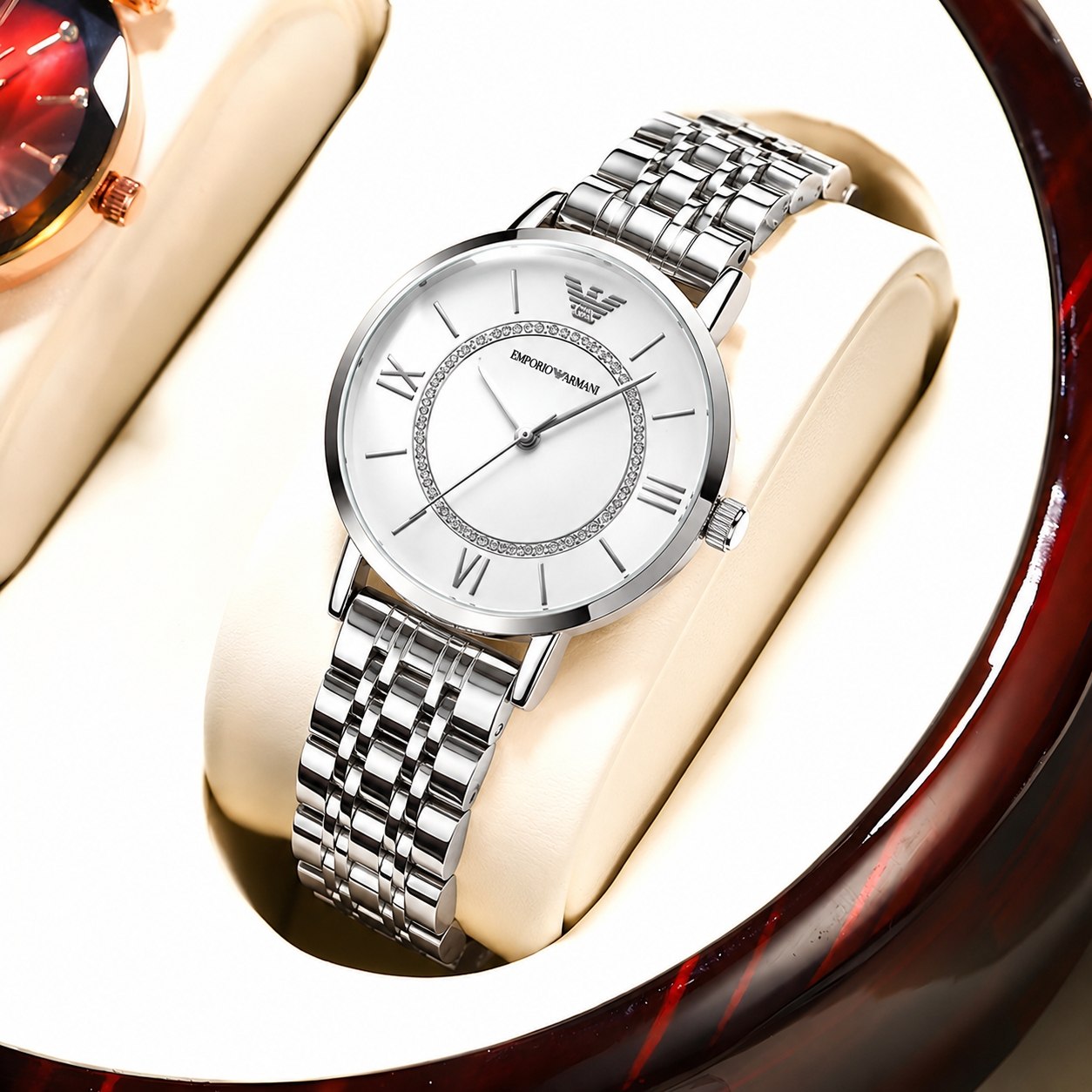 ☑️EMPORIO ARMANI          new collection✨                       🔥زنونه امپریو آرمانی   قفل استیل پروانه ای کیفیت عالی بند استیل پشت پیچی موتور کوارتز  خاص وجذاب  صفحه یونانی