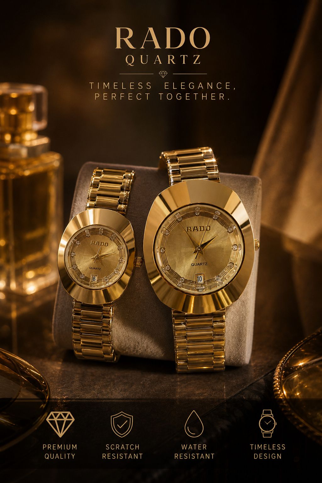 RADO set  #فلزی #ست   موتور کوارتز شرکتی قفل کلیپسی  بنداستیل رنگ ثابت قاب استیل طرح تخم نرغی دارای روز شمار  بند اجری