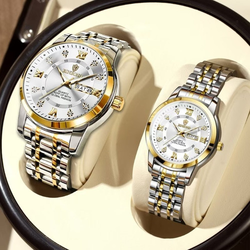ست ساعت زنانه و مردانه ☑️BIN BOND 《highe quality》 Original watch ⌚️بین باند مدلی نو ست پرطرفدار مقاوم دربرابر آب برندشرکتی شب نما دارای روز شمار ایام هفته بند استیل فولاد شیشه الماسی قفل دو پروانه موتور کوارتز