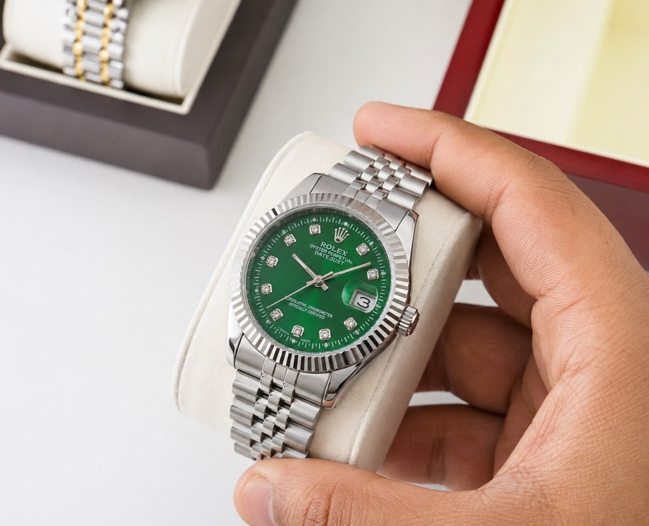 ROLEX    Man collection ⌚️    رولکس دیت جاس   دارای روز شمار  قفل کلیپسی صفحه نگینی  بند اجری تقویم تلسکوپی