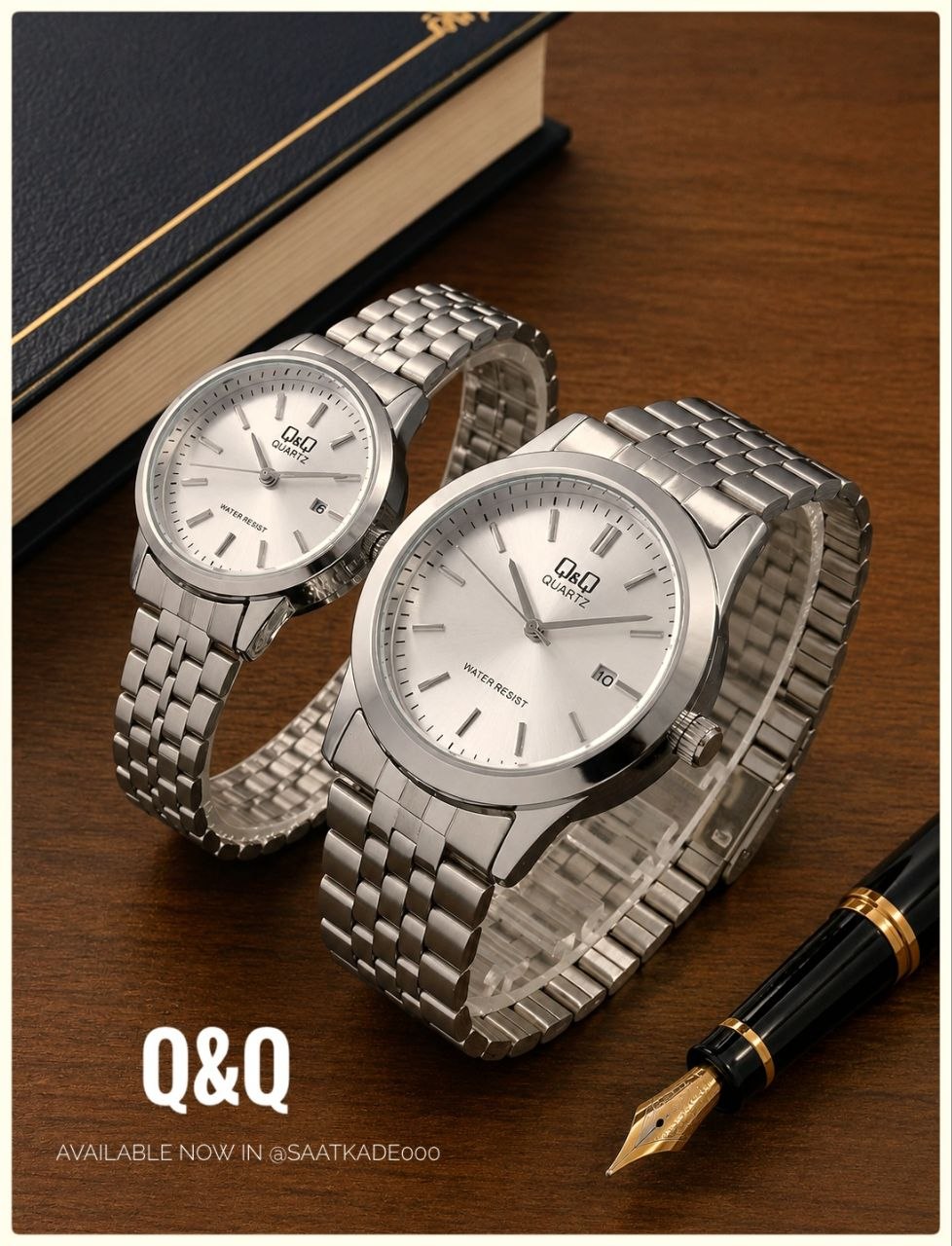 ساعت ست   Q&Q Couple Watch  ساعت ست بند استیل کلاسیک از برند  "کیو‌ اند کیو" مناسب استایلهای روزانه   موتور شرکتی درجه یک نمایشگر ایام ماه  قاب پشت و بند استیل رنگ ثابت  قفل استیل