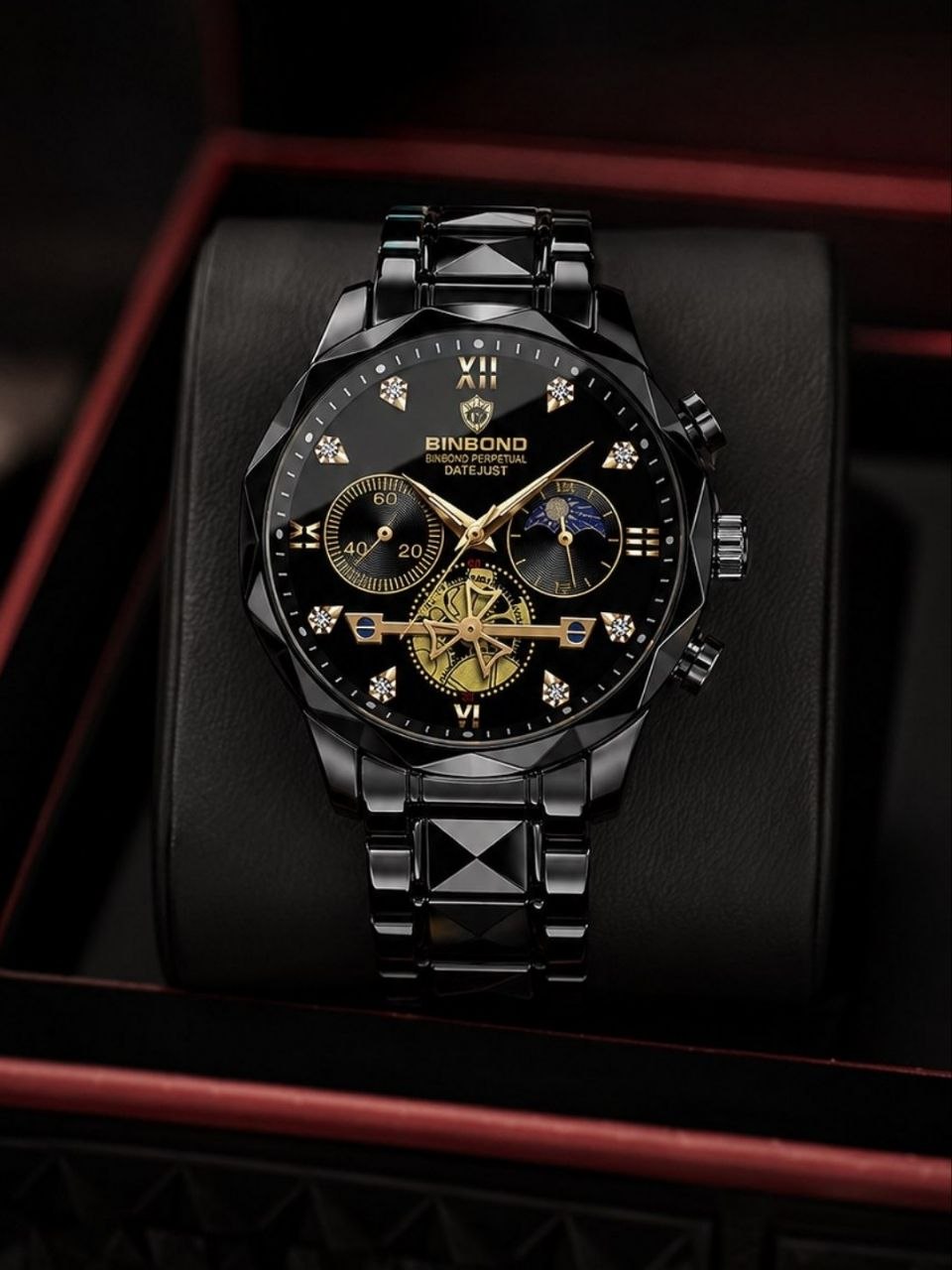 ساعت مچی مردانه ☑️BIN BOND   《highe quality》       🫆Original watch               ⌚️بین باند مدلی نو     مردونه پرطرفدار  مقاوم دربرابر آب برندشرکتی اوریجینال    نمایش مون استار  شب نما کرنوگراف  دارای روز شمار  ایام هفته  بند استیل فولاد شیشه سافایر  قفل دو پروانه  موتور کوارتز