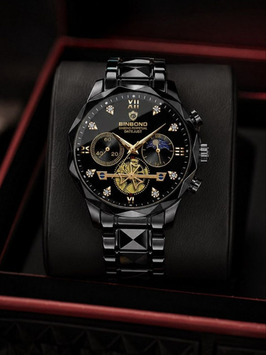 ساعت مچی مردانه ☑️BIN BOND 《highe quality》 Original watch ⌚️بین باند مدلی نو مردونه پرطرفدار مقاوم دربرابر آب برندشرکتی اوریجینال نمایش مون استار شب نما کرنوگراف دارای روز شمار ایام هفته بند استیل فولاد شیشه سافایر قفل دو پروانه موتور کوارتز