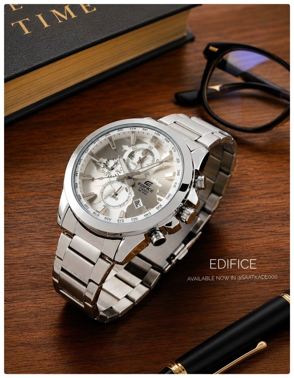 ساعت مچی مردانه  Edifice Casio Universe برای آقایان   موتور تایوان تحت لیسانس کاسیو ۳ موتور فعال کرنوگراف نمایشگر ایام ماه شیشه سافایر ضدخش بند استیل قاب پشت استیل قفل استیل پروانه‌ای