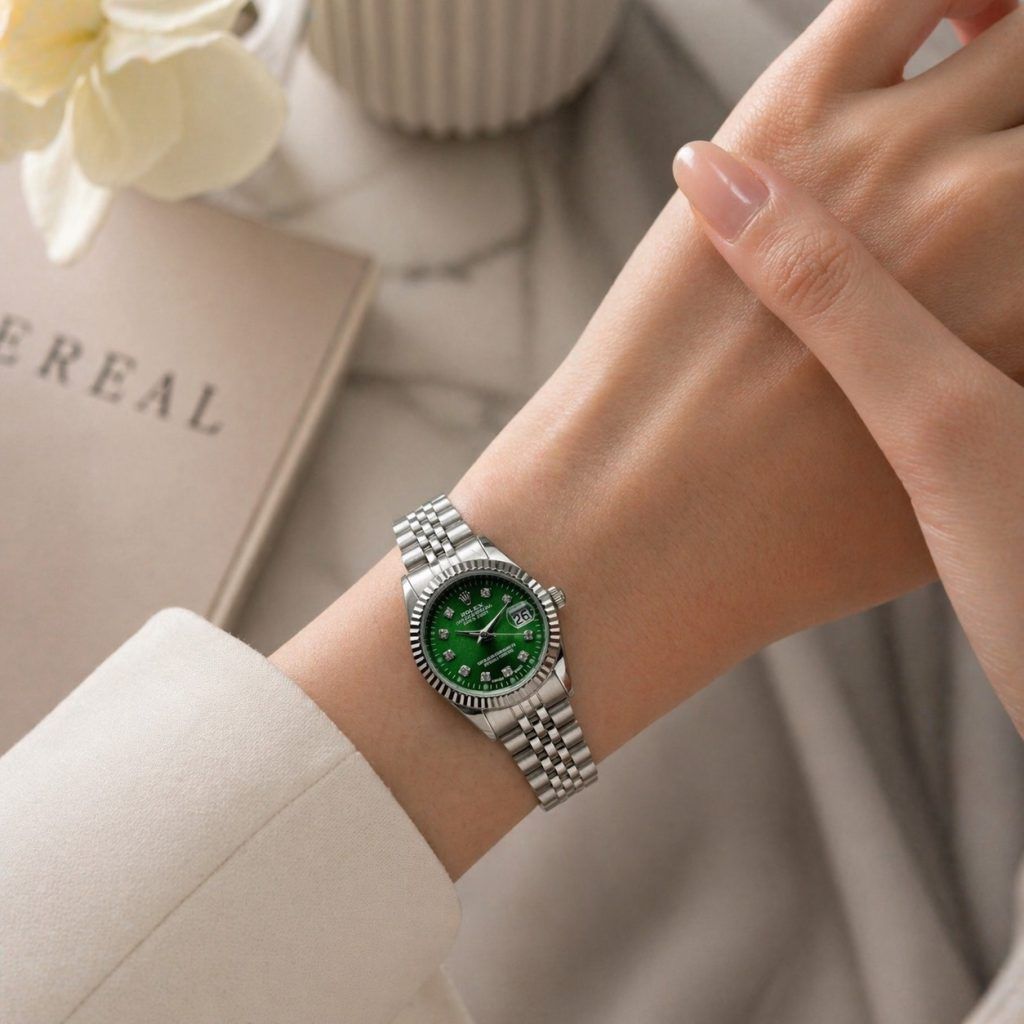 ساعت مچی زنانه Rolex   datejust  #زنانه موتور ژاپن سبک دارای روزشمار ضدآب 3Atm  بند استیل رنگ ثابت شیشه تلسکوپی کد 10001200