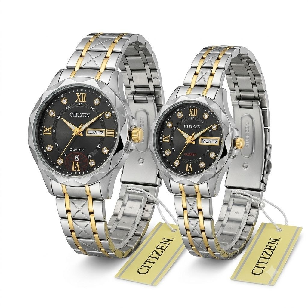 ست ساعت زنانه و مردانه ☑️CITIZEN   Couple watch                ⌚️سی تیزن مدلی نو  رفرانس4200GO دارای روز شمار و ایام هفته  طرح الماس بند استیل مقاوم دربرابر آب  قفل کلیپسی  موتور کوارتز