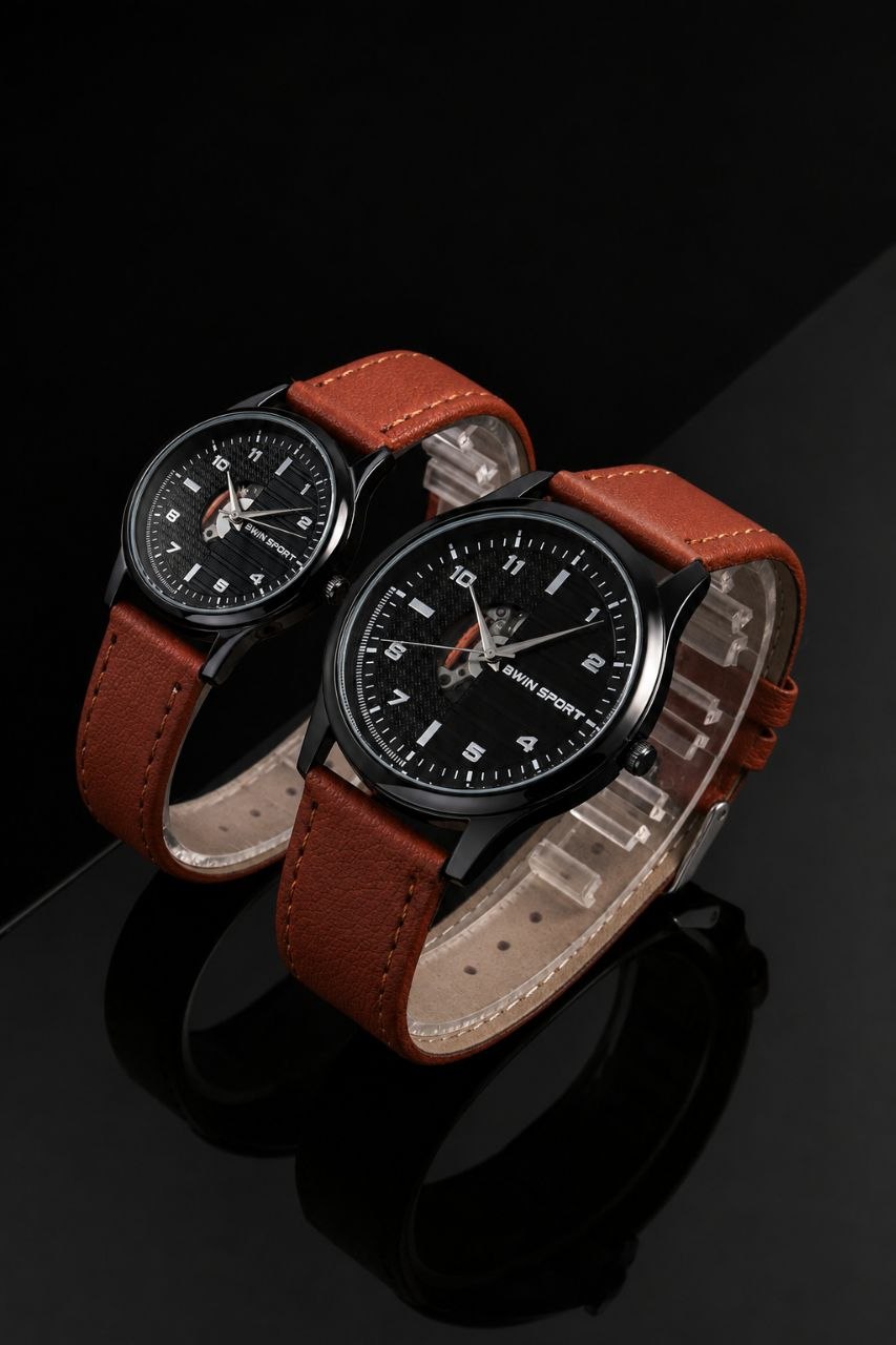 ست ساعت زنانه و مردانه Bwin Sport Couple Watch  ساعت ست بند چرم کلاسیک  مناسب استایلهای روزانه   موتور شرکتی درجه یک صفحه طرح موتور پیدا قاب پشت استیل  بند چرم  قفل استیل کمربندی