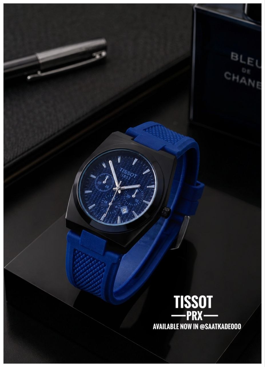 ساعت مچی مردانه  Tissot Prx   سایز اسپرت مناسب برای آقایان  موتور شرکتی با‌کیفیت دارای روزشمار شیشه کریستال بند Pu ضدحساسیت  قفل سگکی