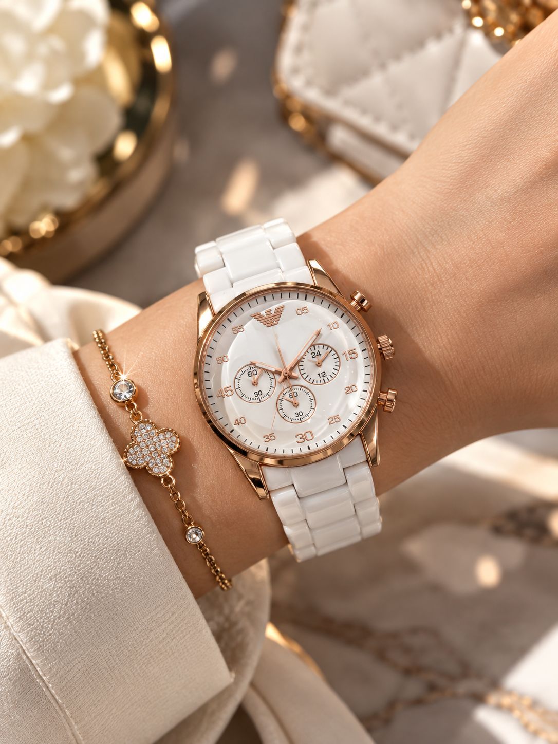 ساعت مچی زنانه امپریو آرمانی  Armani  🛍highe quality                       ⌚️ ساعت زنانه امپوریو آرمانی  قاب نگین کاری درخشان   طراحی ظریف  صفحه طرح سه موتوره  تاریخ دار،موتور کوارتز