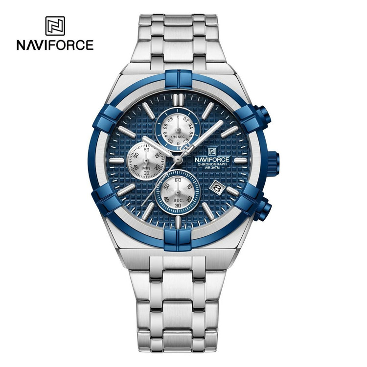 ساعت مچی مردانه نیوی فورس Naviforce NF8042 کرنوگراف کد2827 مشخصات ساعت: نیوی فورس اورجینال سه موتورفعال جنس بدنه و بند استیل ضدحساسیت جنس شیشه معدنی ضد خش رنگ صفحه سورمه ای نوع قفل بند تاشو با محافظ