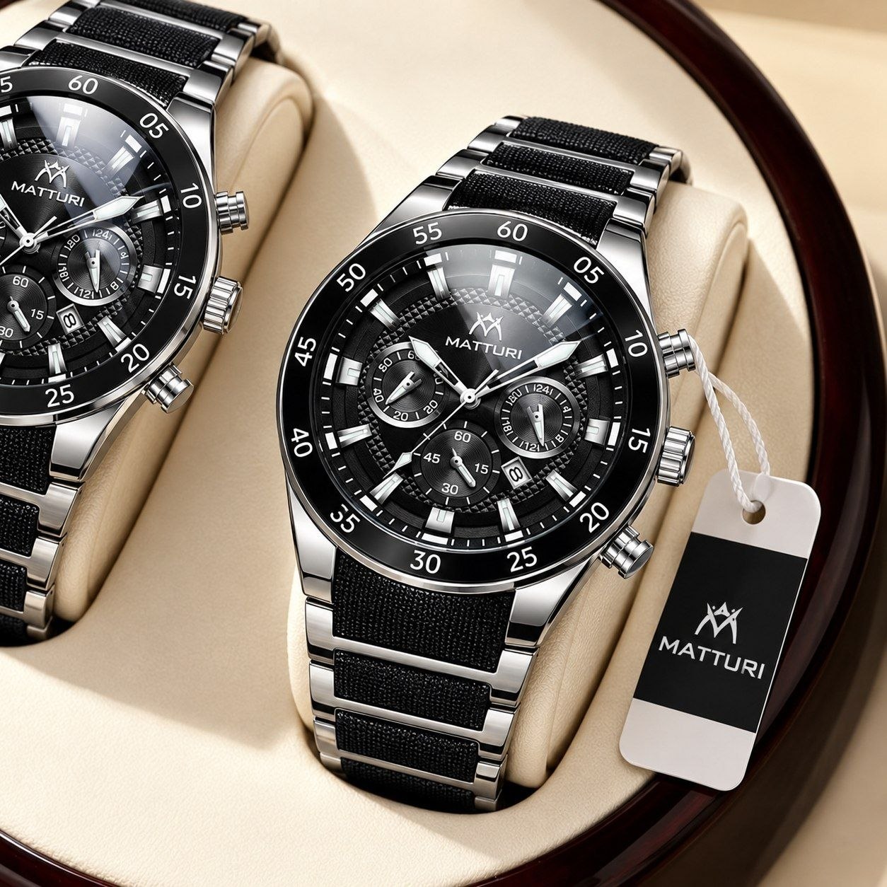 ساعت مچی مردانه ⌚ MATTURI   NEW ARRIVAL 🖤⌚️ MATTURI | NEW DROP Original watch 💎  متّوری🔥🔥🔥  ترکیب جذاب طراحی اسپرت و لوکس   ◾️صفحه مشکی با طراحی چندلایه و جزئیات چشمگیر ◾️برند شرکتی اوریجینال ◾️گارانتی معتبر ◾️قطرصفحه ۴۵ میلیمتر ▪️شب نما ▪️قفل کلیپسی ▪️دارای روز شمار  ▪️کرنوگراف با ساب‌دایال‌های کاربردی ▪️نمایش ۲۴ ساعته ▪️موتور کوارتز ▪️ بند مشکی با طراحی متفاوت و اسپرت ▪️شیشه معدنی  با انعکاس جذاب و ظاهر پریمیوم ▪️مناسب استفاده روزمره، استایل اسپرت و نیمه‌رسمی
