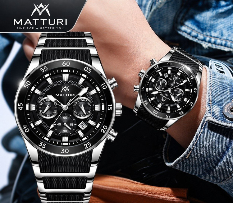 ساعت مچی مردانه ⌚ MATTURI NEW ARRIVAL 🖤⌚️ MATTURI | NEW DROP Original watch 💎 متّوری🔥🔥🔥 ترکیب جذاب طراحی اسپرت و لوکس ◾️صفحه مشکی با طراحی چندلایه و جزئیات چشمگیر ◾️برند شرکتی اوریجینال ◾️گارانتی معتبر ◾️قطرصفحه ۴۵ میلیمتر ▪️شب نما ▪️قفل کلیپسی ▪️دارای روز شمار ▪️کرنوگراف با سابدایالهای کاربردی ▪️نمایش ۲۴ ساعته ▪️موتور کوارتز ▪️ بند مشکی با طراحی متفاوت و اسپرت ▪️شیشه معدنی با انعکاس جذاب و ظاهر پریمیوم ▪️مناسب استفاده روزمره، استایل اسپرت و نیمهرسمی