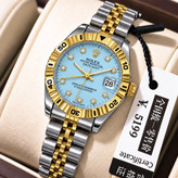 ساعت مچی زنانه ☑️ROLEX رولکس دیت جاس زنونه دارای روز شمار قفل کلیپسی صفحه نگینی بند اجری تقویم تلسکوپی