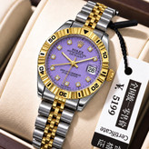 ساعت مچی زنانه ☑️ROLEX رولکس دیت جاس زنونه دارای روز شمار قفل کلیپسی صفحه نگینی بند اجری تقویم تلسکوپی