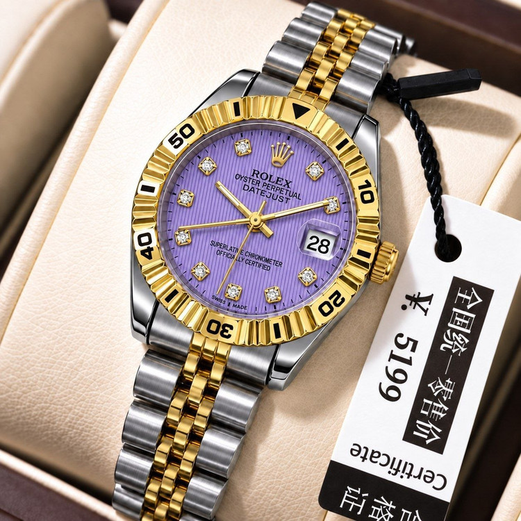 ساعت مچی زنانه ☑️ROLEX رولکس دیت جاس زنونه دارای روز شمار قفل کلیپسی صفحه نگینی بند اجری تقویم تلسکوپی