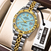 ساعت مچی زنانه ☑️ROLEX رولکس دیت جاس زنونه دارای روز شمار قفل کلیپسی صفحه نگینی بند اجری تقویم تلسکوپی