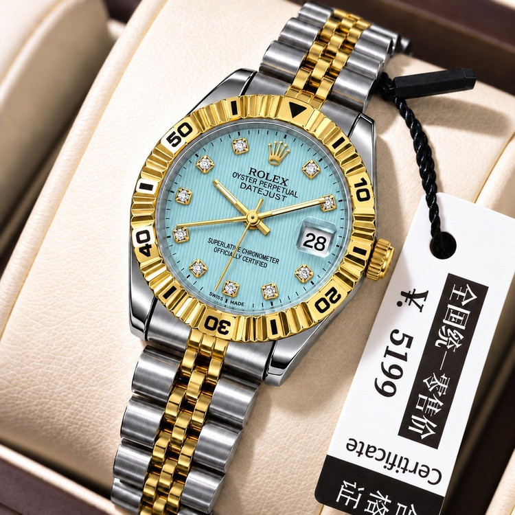 ساعت مچی زنانه ☑️ROLEX رولکس دیت جاس زنونه دارای روز شمار قفل کلیپسی صفحه نگینی بند اجری تقویم تلسکوپی