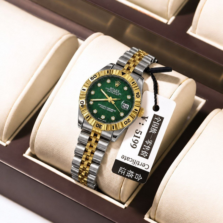 ساعت مچی زنانه ☑️ROLEX رولکس دیت جاس زنونه دارای روز شمار قفل کلیپسی صفحه نگینی بند اجری تقویم تلسکوپی