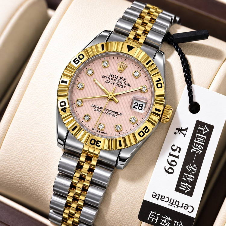 ساعت مچی زنانه ☑️ROLEX رولکس دیت جاس زنونه دارای روز شمار قفل کلیپسی صفحه نگینی بند اجری تقویم تلسکوپی
