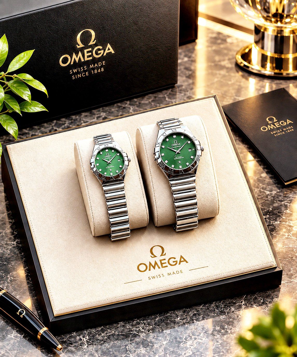 ست برند امگا OMEGA موتور ژاپن  باکیفیت مستر بند فلزی سنگین  طراحی خاص و زیبا موتور کوارتز قفل پروانه ای دارای روز شمار ضدآب 3ATM