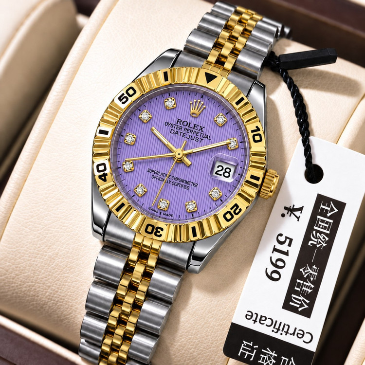ROLEX رولکس دیت جاس زنونه دارای روز شمار قفل کلیپسی صفحه نگینی بند اجری تقویم تلسکوپی