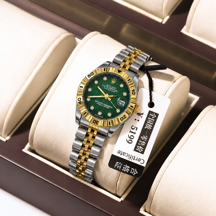 ROLEX رولکس دیت جاس زنونه دارای روز شمار قفل کلیپسی صفحه نگینی بند اجری تقویم تلسکوپی