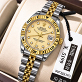 ROLEX رولکس دیت جاس زنونه دارای روز شمار قفل کلیپسی صفحه نگینی بند اجری تقویم تلسکوپی