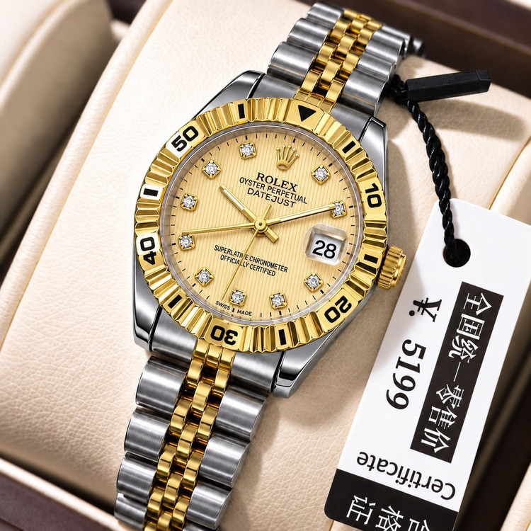 ROLEX رولکس دیت جاس زنونه دارای روز شمار قفل کلیپسی صفحه نگینی بند اجری تقویم تلسکوپی