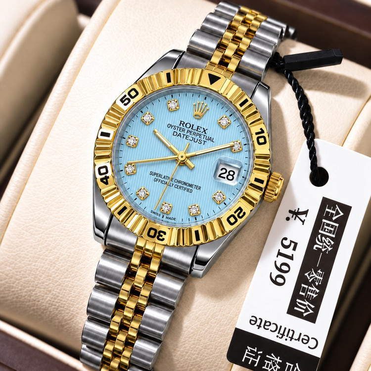 ROLEX رولکس دیت جاس زنونه دارای روز شمار قفل کلیپسی صفحه نگینی بند اجری تقویم تلسکوپی