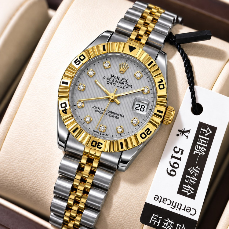 ROLEX رولکس دیت جاس زنونه دارای روز شمار قفل کلیپسی صفحه نگینی بند اجری تقویم تلسکوپی