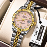 ROLEX رولکس دیت جاس زنونه دارای روز شمار قفل کلیپسی صفحه نگینی بند اجری تقویم تلسکوپی