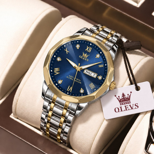 olevs Collection 2026 Man watch الوز مردونه 《ویژگی های محصول 》 موتور کوارتز مقاوم در برابر آب در حد شستن دست طرح الماس دارای روز شمار ایام هفته صفحه شب نما بند فولاد استیل قفل پروانه ای استیل مخفی شیشه سافایر ضدخش