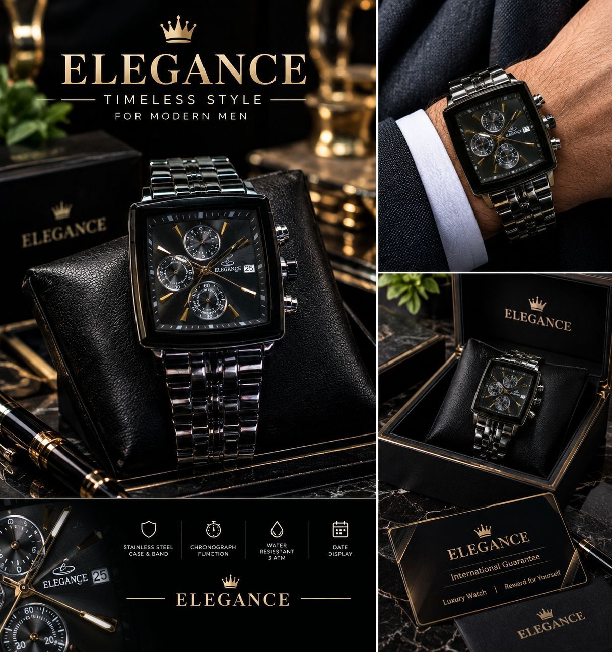 الگانس سه موتوره اورجینال | کرنوگراف Elegance Original Chronograph دارای جعبه ویژگی‌ها: موتور تایوان  سه موتور فعال (کرنوگراف) بدنه و بند استیل فولاد ضدزنگ شیشه سافایر مقاوم در برابر خط و خش نمایش روزشمار عقربه‌های شب‌نما رنگ ثابت قفل دو پروانه ایمن